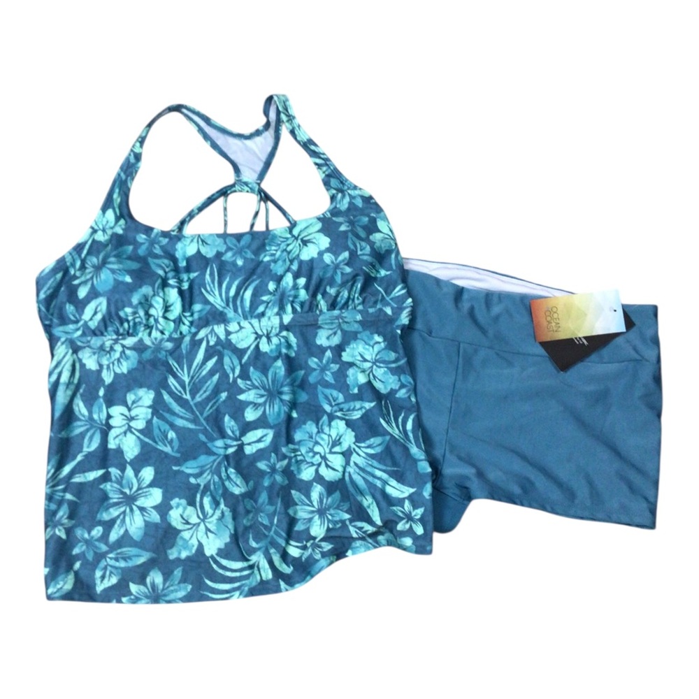 Ocean+ Coast Teal Floral Tankini Swim Top with Teal Swim Shorts XL